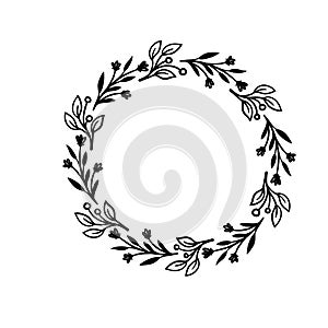 Hand drawn vector frame. Floral wreath with leaves for wedding and holiday. Decorative elements for design. Isolated