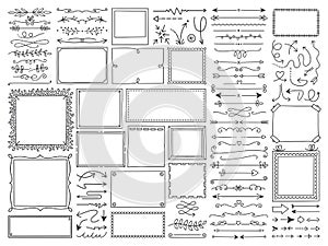 Hand Drawn Vector Frames Collection. Vintage Doodle Sketch Picture Frame, Spacers, Corners and Decorations. Vector Illustrations