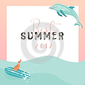 Hand drawn vector funny summer time illustration poster with surfer dog on surfboard,jumping dolphin and modern