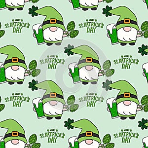 Hand drawn vector gnome with green beer and hop plant with st patrick\'s day greeting,