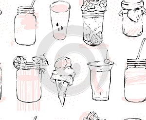 Hand drawn vector graphic seamless pattern with ice cream,glass jar,smoothie,milkshake,lemonade,jam and coctails