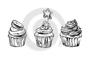 Hand drawn vector graphic sweet food design elements collection set with hand made modern graphic cupcakes in black and