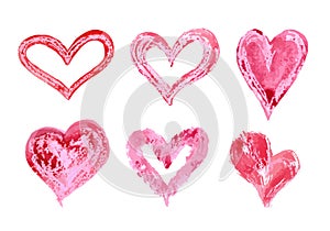 Hand drawn vector heart set with different tools like brushes, chalk, ink.