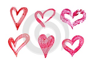 Hand drawn vector heart set with different tools like brushes, chalk, ink.