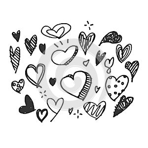 Hand Drawn Vector hearts icons set isolated on white background. symbols