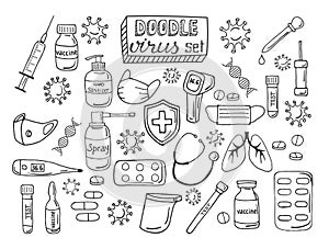 Hand drawn vector icon set virus protection. Doodle medical and healthcare. Sketch and outline style