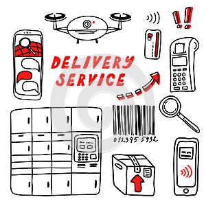 Hand drawn vector icons set with bold lettering for courier service and delivery banners, web and design. Outline style express