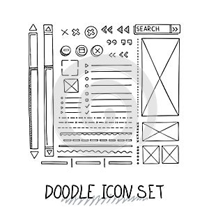 Hand drawn vector icons set website development doodles elements.
