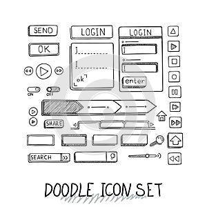 Hand drawn vector icons set website development doodles elements.