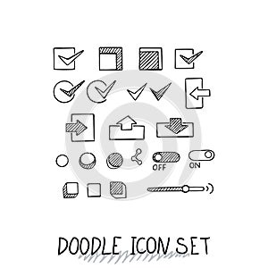 Hand drawn vector icons set website development doodles elements.