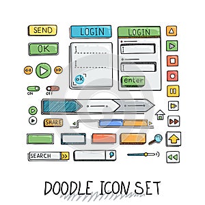 Hand drawn vector icons set website development doodles elements.