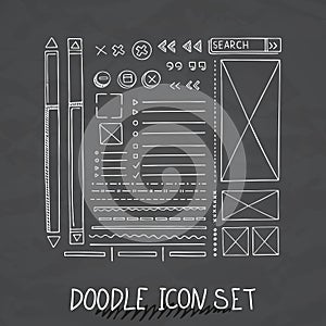 Hand drawn vector icons set website development doodles elements.