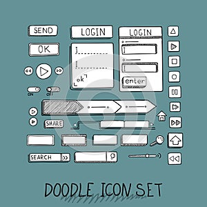 Hand drawn vector icons set website development doodles elements.