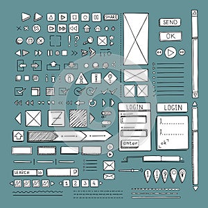 Hand drawn vector icons set website development doodles elements.