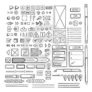 Hand drawn vector icons set website development doodles elements.