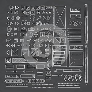 Hand drawn vector icons set website development doodles elements.