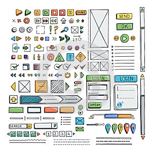 Hand drawn vector icons set website development doodles elements.
