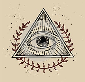 Hand drawn vector illustration - All seeing eye pyramid symbol.