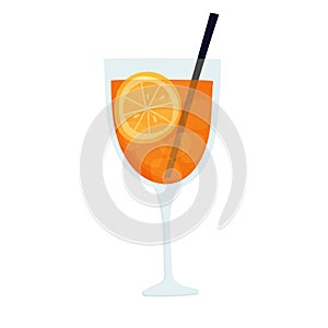 Hand drawn vector illustration of Aperol spritz cocktail in glass with ice and straw. Isolated on white background.