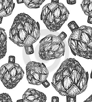 Hand drawn vector illustration of artichoke sketch style. Seamless pattern with green vegetable element