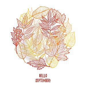 Hand drawn vector illustration. Background with Fall leaves. Autumn design elements. Hello September!