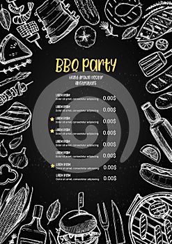 Hand drawn vector illustration. BBQ menu. Barbeque design elements in sketch style. Fast food. Perfect for delivery