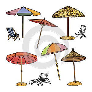Hand drawn vector illustration of beach umbrellas, isolated on white background