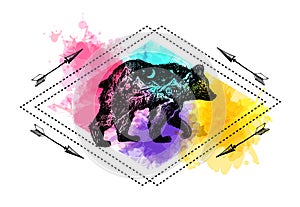 Hand drawn vector illustration bear with double exposure.