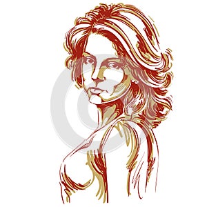Hand-drawn vector illustration of beautiful confident woman. Creative image, expressions on face of young lady, Caucasian type.