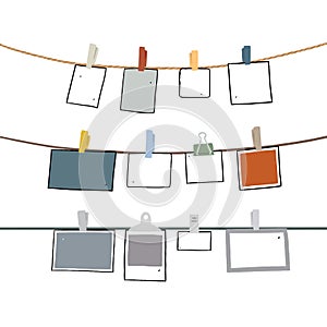 Hand drawn vector illustration of blank note paper hanging on a rope. Sheet of paper and clothes peg on washing line.