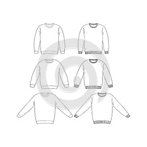 Hand drawn vector illustration of blank t-shirt long sleeve set on white background.White Tee Shirt template. Knit jumper mock up.