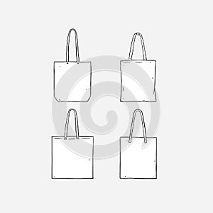 Hand drawn vector illustration of blank white tote bag on white background. Template fabric bag. canvas shopping bags. mock up.