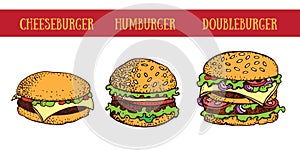 Hand drawn vector illustration of burgers. Hamburger, cheeseburger, doubleburger.