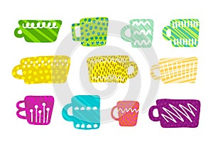 Hand drawn vector illustration in cartoon style. Different cups forms colors textures