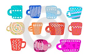 Hand drawn vector illustration in cartoon style. Different cups forms colors textures