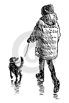 Hand drawn vector illustration of casual little city girl with pet walking outdoors together