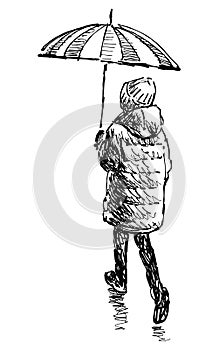 Hand drawn vector illustration of casual little city girl under umbrella walking outdoors alone