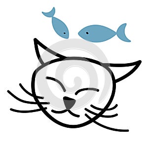 Hand drawn vector illustration of cat face with fish. Isolated objects on white background. Design concept for children