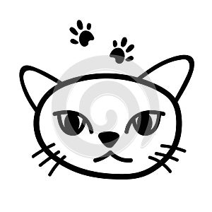 Hand drawn vector illustration of cat face with paw. Cat Isolated objects on white background. Design concept for t