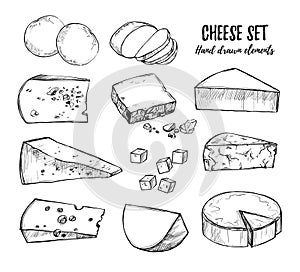 Hand drawn vector illustration. Cheese set mozzarella, blue che