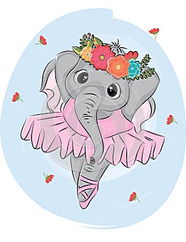 Hand drawn vector illustration of a cute baby elephant ballerina in a pink tutu.Print