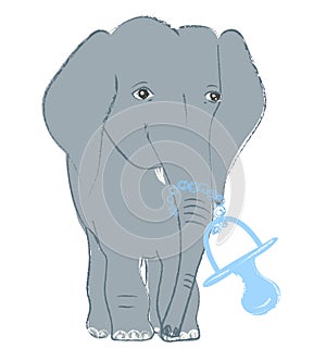 Hand drawn vector illustration with a cute baby elephant celebrating new birth
