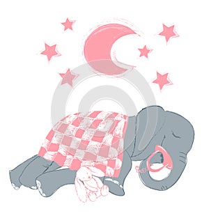 Hand drawn vector illustration with a cute baby elephant sleeping celebrating new birth