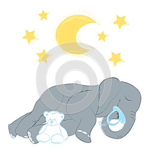 Hand drawn vector illustration with a cute baby elephant sleeping celebrating new birth