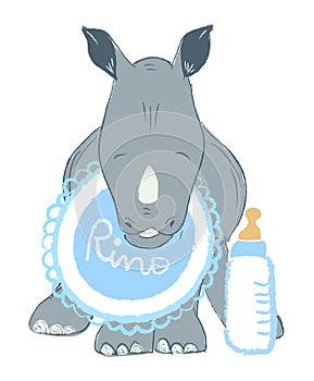 Hand drawn vector illustration with a cute baby rhinoceros celebrating new birth