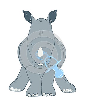 Hand drawn vector illustration with a cute baby rhinoceros celebrating new birth