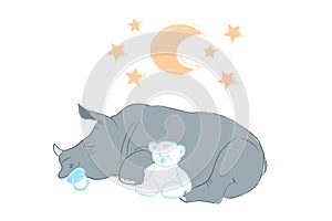 Hand drawn vector illustration with a cute baby rhinoceros sleeping celebrating new birth