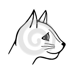 Hand-drawn vector illustration. Cute doodle head of cat black line on a white background