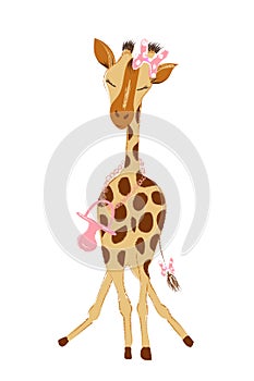 Hand drawn vector illustration with a cute giraffe female baby girl celebrating new birth