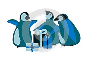 Hand drawn vector illustration with cute penguins and gifts